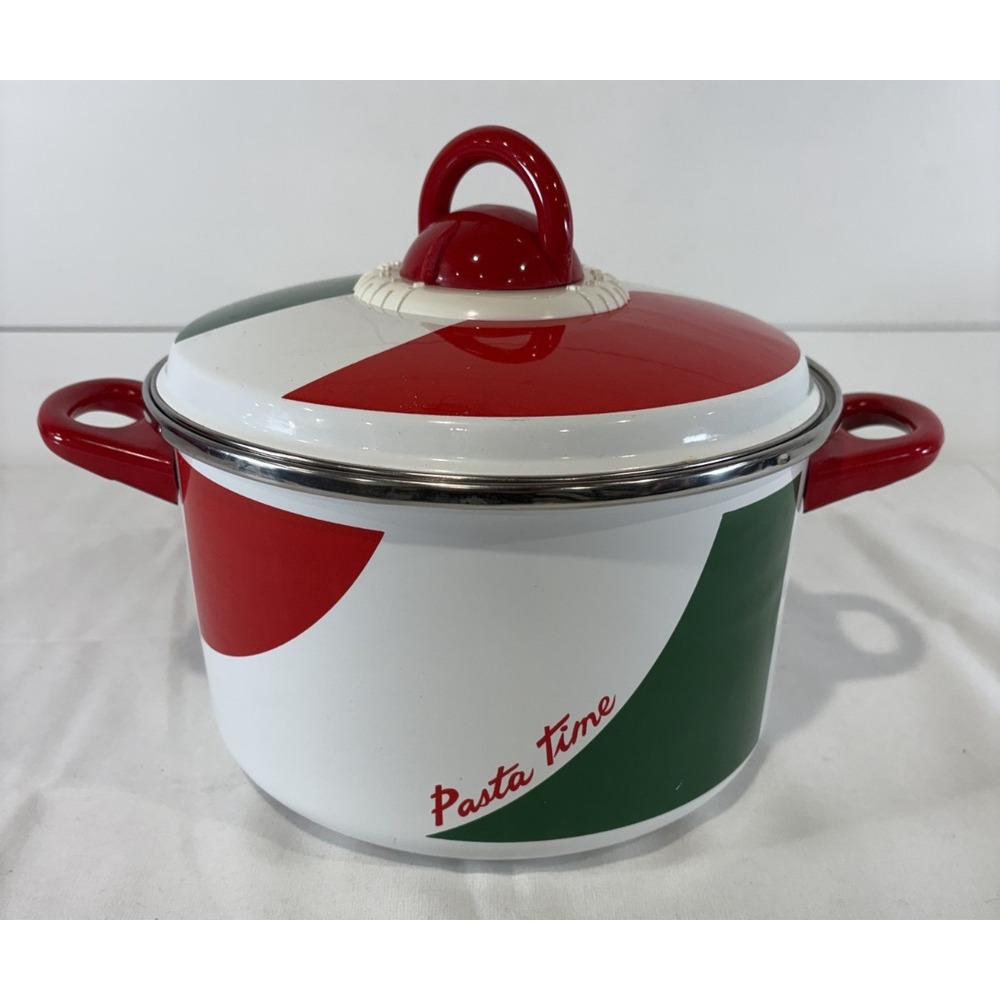 Vintage Pasta Time 6 QT Metrokane Enamel Cooking Pot w/ Strainer Timer Red Green